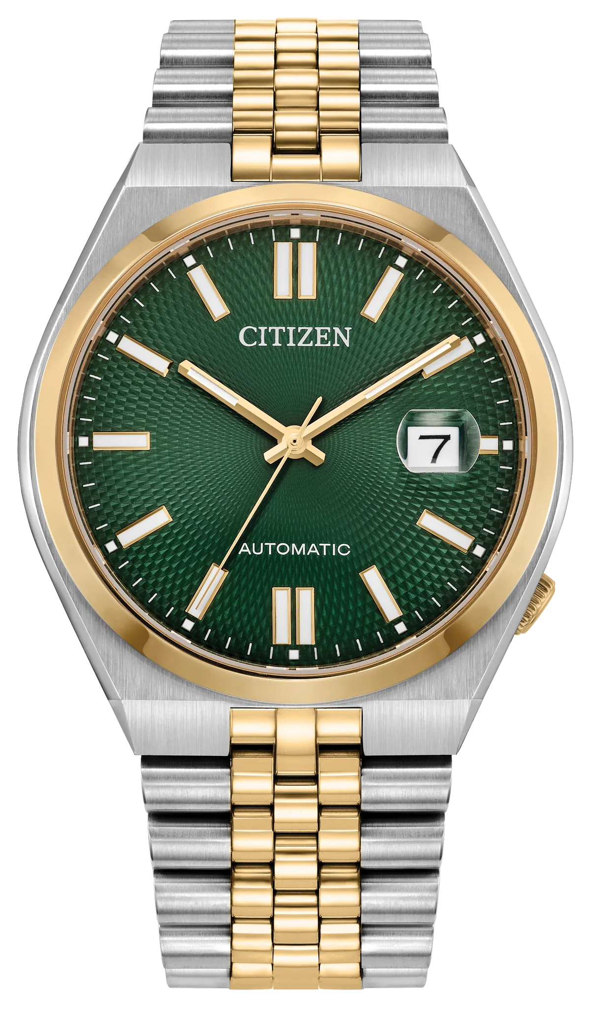 Introducing the Citizen Watch - TSUYOSA 60 - NK0024-54X, an automatic sports watch by Citizen featuring a textured green dial. This sophisticated timepiece showcases a gold and silver two-tone metal band accented with a gold bezel, plus a date window conveniently positioned at 3 o’clock. Gold hands and hour markers add an elegant touch, while “AUTOMATIC” is printed above 6 o’clock, making this Citizen wristwatch both stylish and refined.