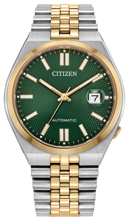 Introducing the Citizen Watch - TSUYOSA 60 - NK0024-54X, an automatic sports watch by Citizen featuring a textured green dial. This sophisticated timepiece showcases a gold and silver two-tone metal band accented with a gold bezel, plus a date window conveniently positioned at 3 o’clock. Gold hands and hour markers add an elegant touch, while “AUTOMATIC” is printed above 6 o’clock, making this Citizen wristwatch both stylish and refined.