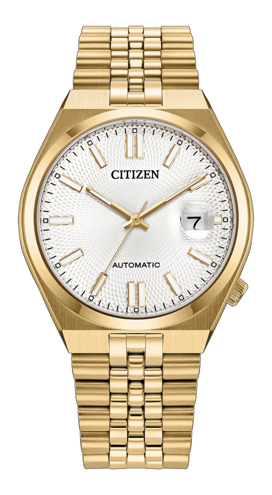 The Citizen Watch - Women’s TSUYOSA 60 (model NK0032-56A) by Citizen features a yellow gold-tone metallic band, a white textured dial, gold hour markers and hands, a date window at 3 o’clock, and the word “AUTOMATIC” displayed above 6 o’clock.