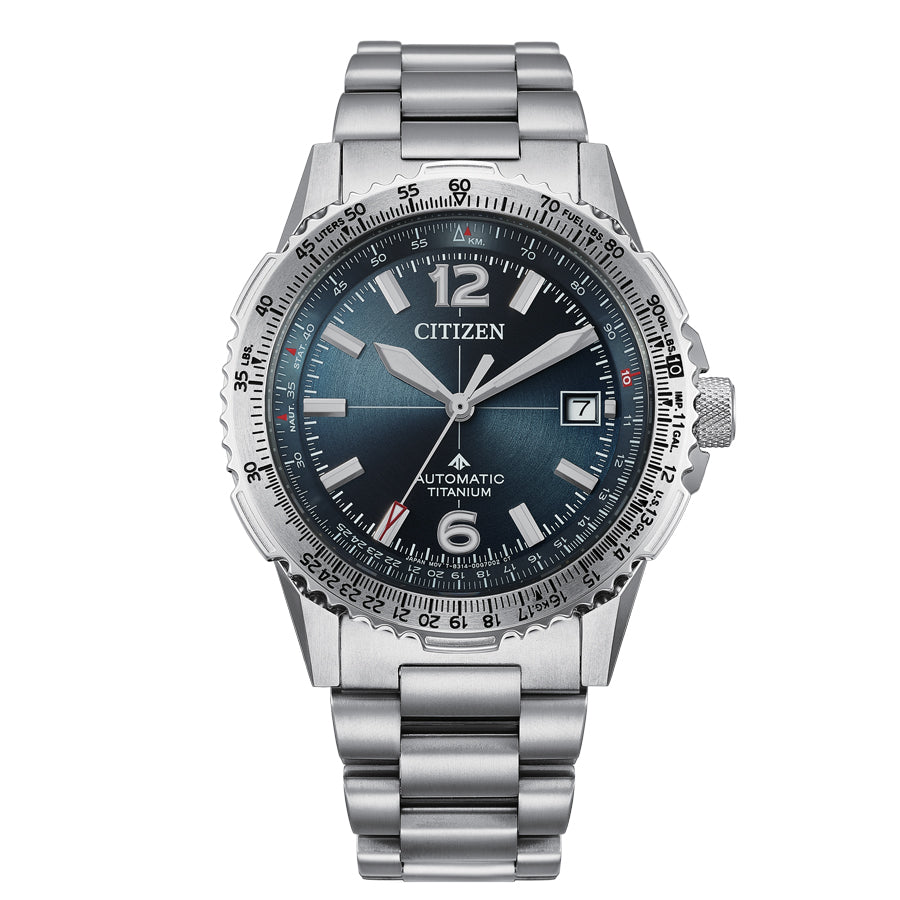 Citizen Watch - Promaster Diver - NK0040-58L by Citizen features automatic movement, blue dial, silver-tone hands and markers, date at 3 o’clock, stainless steel band, Super Titanium case, and textured bezel.