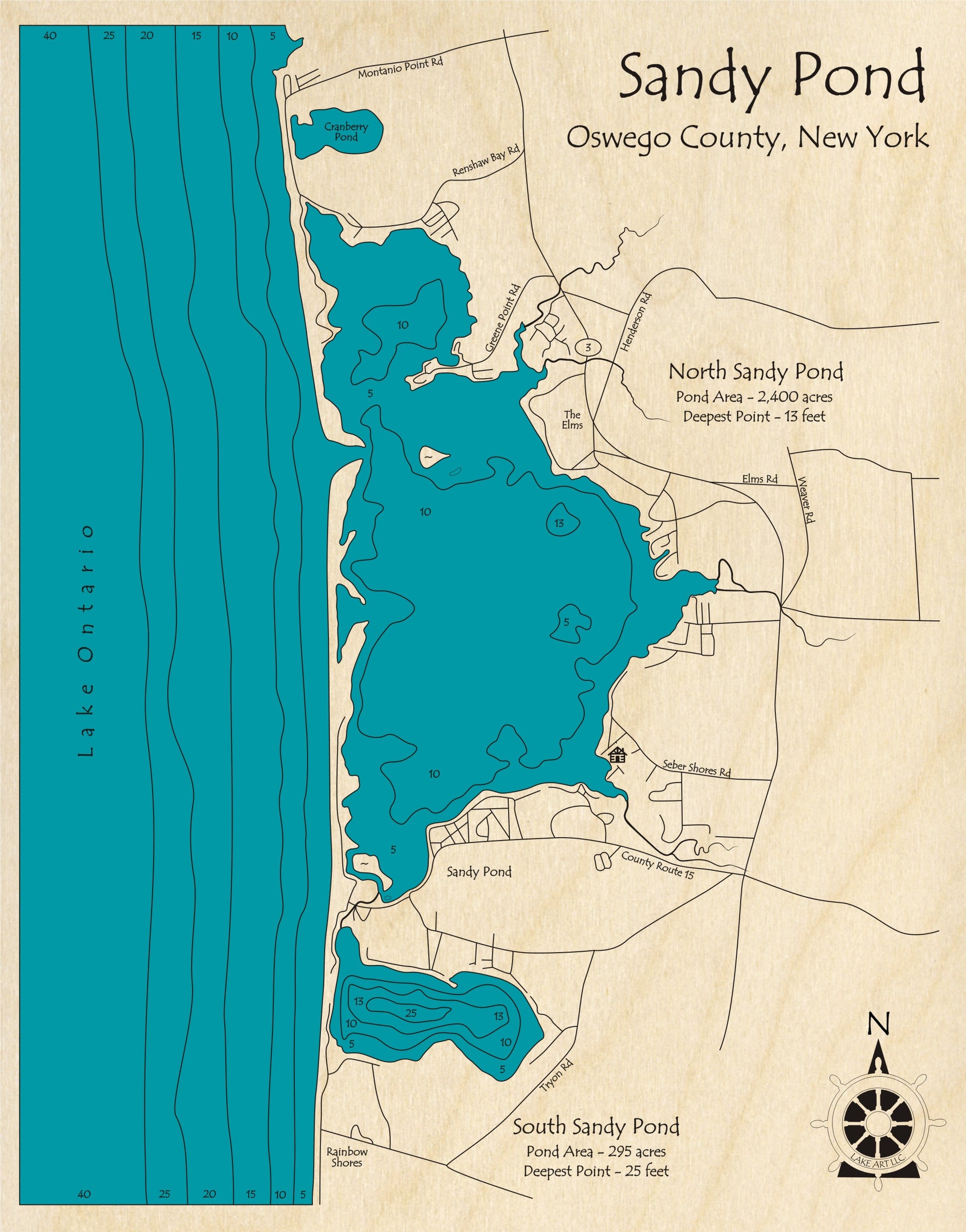 The Lake Art Lake Map - Customized Sandy Pond (14" x 18") is a laser-carved wooden relief map of North and South Sandy Pond, Oswego County, NY, featuring water depth contours, roads, compass rose, and Lake Ontario to the west.