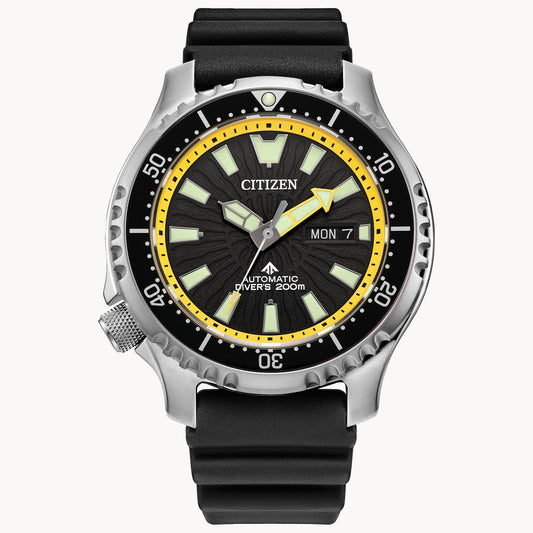 The Citizen Promaster Dive Automatic NY0130-08E features a black and yellow bezel, black dial with luminous markers and hands, day/date at 3 o’clock, black rubber strap, and 200m water resistance.