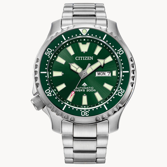 The Citizen Promaster Dive Automatic (NY0151-59X) is a men’s silver diver watch with a stainless steel band, green dial, luminous markers and hands, day/date display, and 200m water resistance.