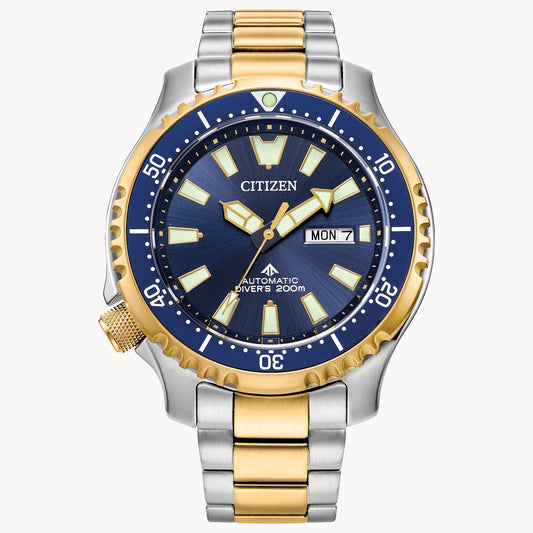 The Citizen Promaster Dive Automatic NY0154-51L features a blue dial, gold-tone bezel, two-tone silver and gold band, day/date display, and 200m water resistance.