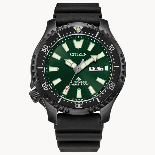 The Citizen Promaster Dive Automatic NY0155-07X men's watch features a black case and strap, green dial, bold white hour markers, 10-minute marked bezel, day-date display, and is labeled Automatic Diver’s 200m.