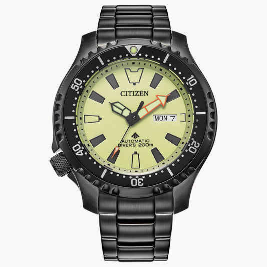 The Citizen Promaster Dive Automatic (NY0155-58X) features a black metal band, yellow-green dial with bold black markers and hands, day/date display at 3 o’clock, and is water-resistant up to 200 meters.