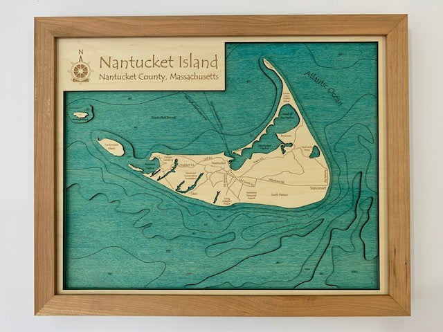 Lake Map - Nantucket Island - Laser Carved Wooden Relief Map - 14" x 18" - Massachusetts