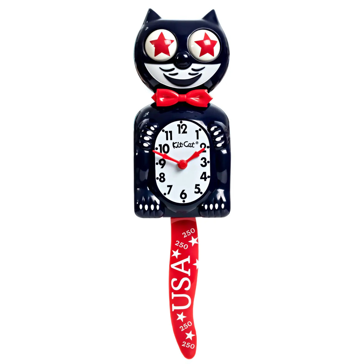 The Kit-Cat Klock - Old Glory Special Edition (BC-250) by California Clocks is a black, cat-shaped wall clock featuring star-shaped eyes, a red bowtie, and a red tail adorned with “USA” and “250.” This special edition celebrates America’s 250th Anniversary. The clock face displays “Kit Cat” and shows the time as 1:05.