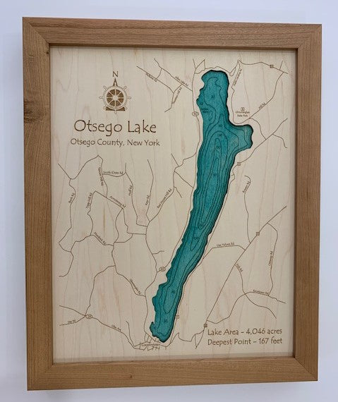 Lake Map - Otsego Lake - Laser Carved Wooden Relief Map - 11" x 14" - New York