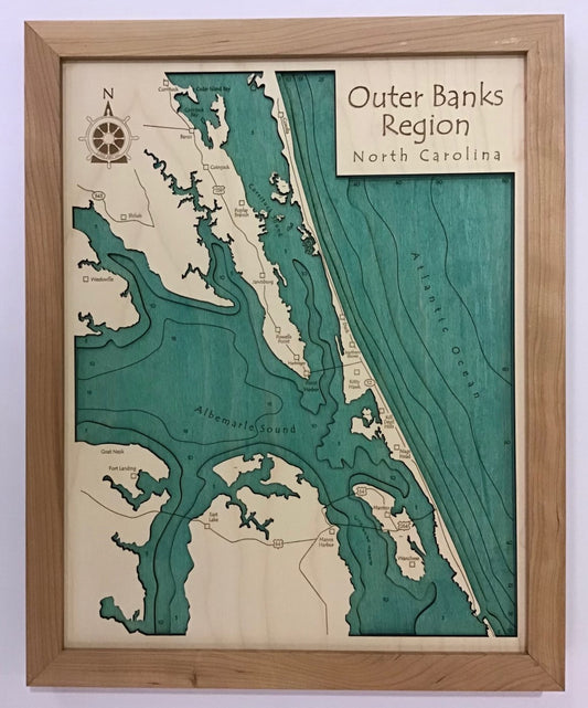 Outer Banks Region - Laser Carved Wooden Relief Map - 14" x 18" - North Carolina
