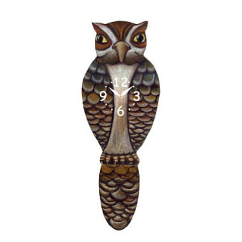 The Pink Cloud Owl - Wagging Tail Clock is an owl-shaped wall clock with large round eyes, brown and white feathers, a clock face on its chest, and a whimsical wagging tail for playful charm in any room.
