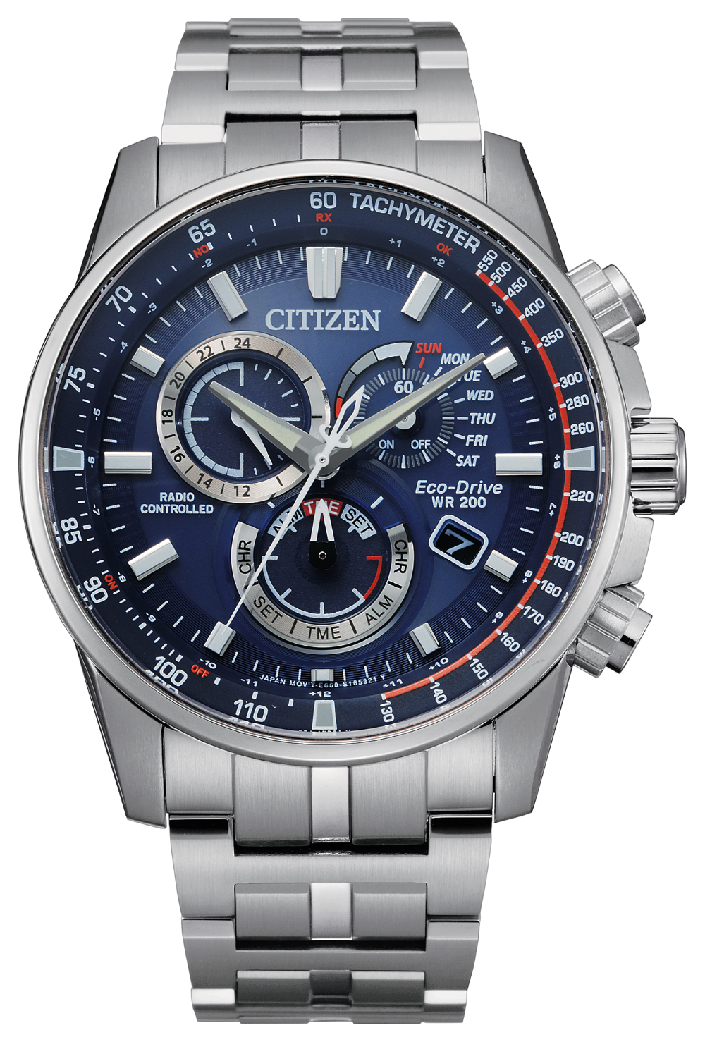 The Citizen Watch - PCAT CB5880-54L features a blue dial, multiple subdials, silver hour markers, sapphire crystal, tachymeter bezel, atomic timekeeping with radio control, Eco-Drive technology, and day-date indicators.
