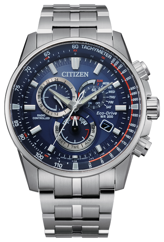 The Citizen Watch - PCAT CB5880-54L features a blue dial, multiple subdials, silver hour markers, sapphire crystal, tachymeter bezel, atomic timekeeping with radio control, Eco-Drive technology, and day-date indicators.
