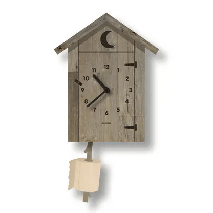 The Popclox Clock - Outhouse Pendulum Clock (PCPEN131) by Popclox is a wooden wall clock shaped like an outhouse with a crescent moon cutout and toilet paper roll pendulum—an amusing gift for fans of quirky decor. The clock displays 8:05.