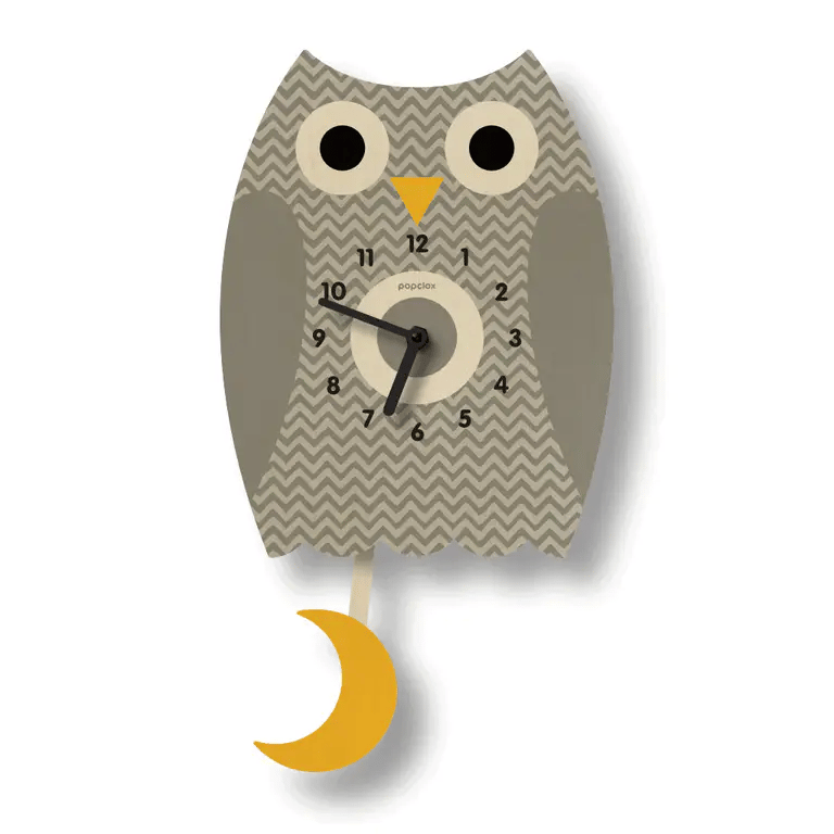 The Popclox Clock - Owl Pendulum Clock (PCPEN026) by Popclox features a gray zigzag-patterned owl with big eyes, a yellow beak, easy-to-read black numbers and hands, and a charming yellow crescent moon pendulum.