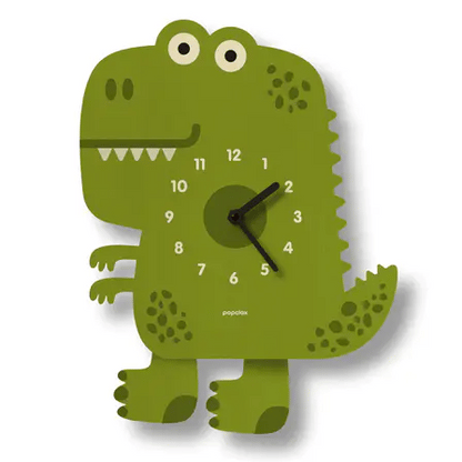 The Popclox Clock - Dinosaur Pendulum Clock (PCPEN141) by Popclox is a charming green wooden wall clock for kids, featuring cartoon eyes, a big smile, bold numbers, and a swinging pendulum that brightens any room.