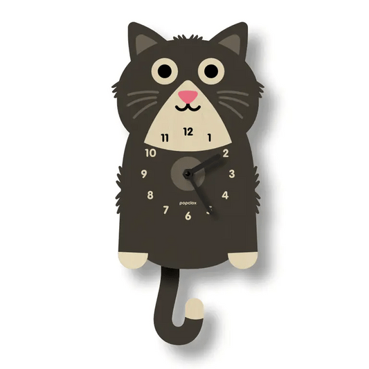 The Popclox Clock - Kitten Pendulum Clock (PCPEN142) by Popclox is a wooden wall clock shaped like a cartoon black cat with beige accents, black numbers, and a moving tail pendulum—an ideal gift for cat lovers.