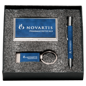 The JDS - Blue Marbleized Leather Pen Gift Set (PKC6392) includes a stylish blue leather business card holder, USB flash drive keychain, and pen, all presented in a sleek black foam-lined box by JDS.