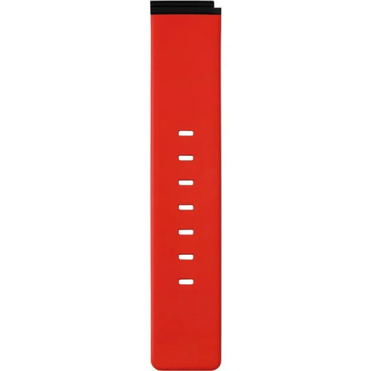 The Bering Watchband - Red - 15540-BVRX by Bering features eight rectangular adjustment holes and a black top attachment, shown vertically against a white background—ideal for fans of interchangeable watch straps.