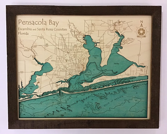 Lake Map - Pensacola Bay - Laser Carved Wooden Relief Map - 14" x 18" - Florida