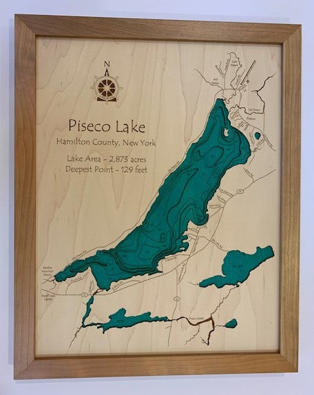 Piseco Lake - Laser Carved Wooden Relief Map - 14" x 18" - New York