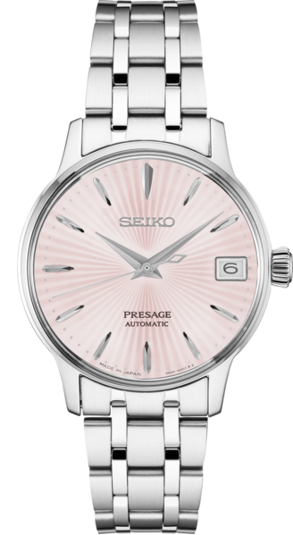 The Seiko Presage SRP839 is a silver automatic watch with a pink textured dial, silver markers and hands, date window at 3 o’clock, and a metal link bracelet.