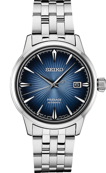 The Seiko Watch - Presage Automatic - SRPB41 is a men’s watch with a silver metal band, blue sunburst dial, silver hour markers, date at 3 o’clock, and reliable Caliber 4R35 movement.