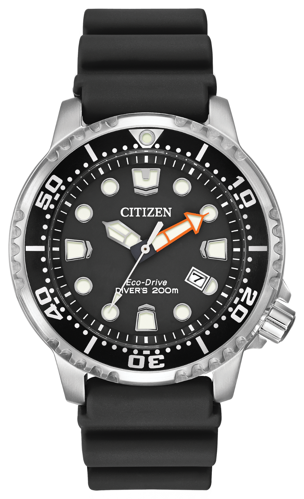 The Citizen Watch - Promaster Diver BN0150-28E features Eco-Drive tech, black dial, bold white markers, orange and white hands, a 4 o'clock date window, rotating bezel, black rubber strap, and reads Divers 200m. Brand: Citizen.