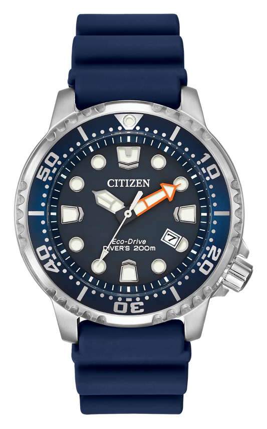 The Citizen Promaster Diver BN0151-09L features a blue face and bezel, bold white hour markers, an orange minute hand, a blue silicone strap, and is water-resistant up to 200 meters.