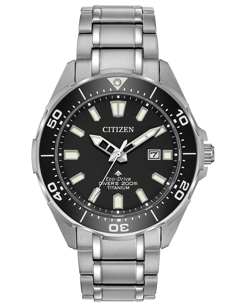 The Citizen Promaster Dive Titanium (BN0200-56E) features a black dial, luminous hands/markers, date at 3 o'clock, silver metal band, and a bezel with minute markers—ideal for scuba diving.