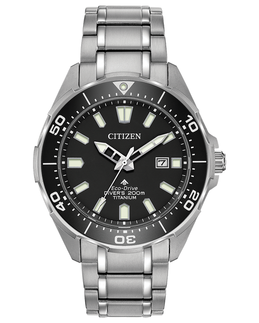 The Citizen Promaster Dive Titanium (BN0200-56E) features a black dial, luminous hands/markers, date at 3 o'clock, silver metal band, and a bezel with minute markers—ideal for scuba diving.