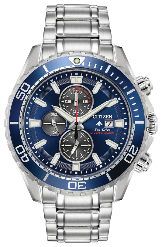 The Citizen Promaster Diver CA0710-58L features Eco-Drive tech, a blue bezel and dial, three subdials, date window, stainless steel band, and is water-resistant to 200m.