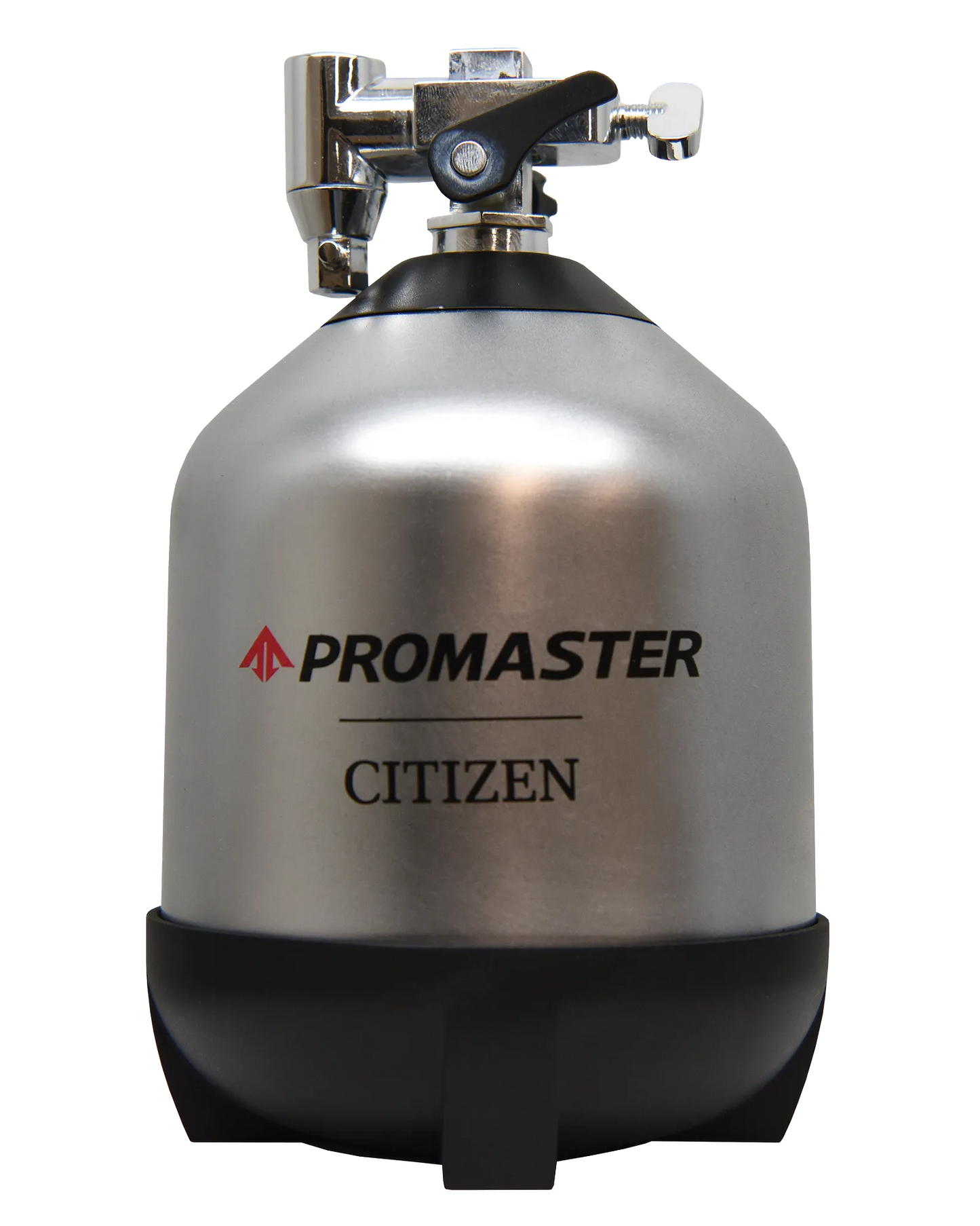A silver metal scuba tank with a black base, labeled PROMASTER and Citizen, styled after the Citizen Promaster Diver BN0261-51E Eco-Drive watch, featuring a top valve and handle.