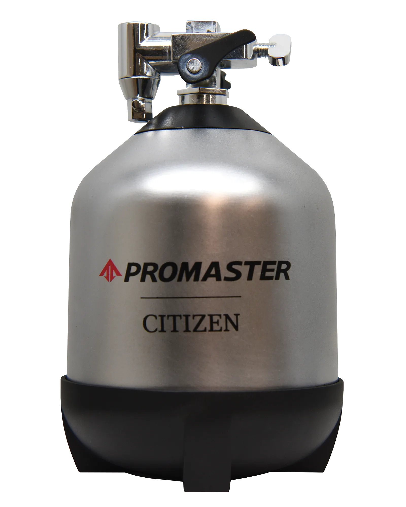 A silver metal scuba tank with a black base, labeled PROMASTER and Citizen, styled after the Citizen Promaster Diver BN0261-51E Eco-Drive watch, featuring a top valve and handle.