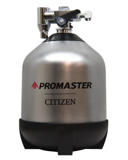 A silver metal scuba tank with a black base, labeled PROMASTER and Citizen, styled after the Citizen Promaster Diver BN0261-51E Eco-Drive watch, featuring a top valve and handle.