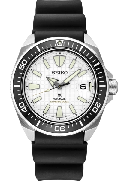 The Seiko Watch - Prospex - SRPE37 is an automatic diver’s watch with a white textured dial, black bezel marked in tens, luminous hands and markers, date at 3 o’clock, and a stylish black rubber strap.