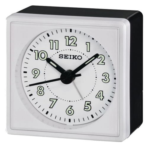 The Seiko Clock - Mika Bedside Alarm Clock (QHE083WL) features a square white face with black numbers, luminous hands, and a modern black frame—an ideal, stylish addition to any nightstand.