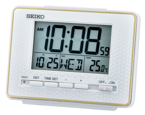 The Seiko Clock - Digital Alarm Clock (QHL096W) shows 10:08:59 AM, Wednesday, October 25, and 25.0°C. The white calendar thermometer alarm clock features several control buttons below its display.