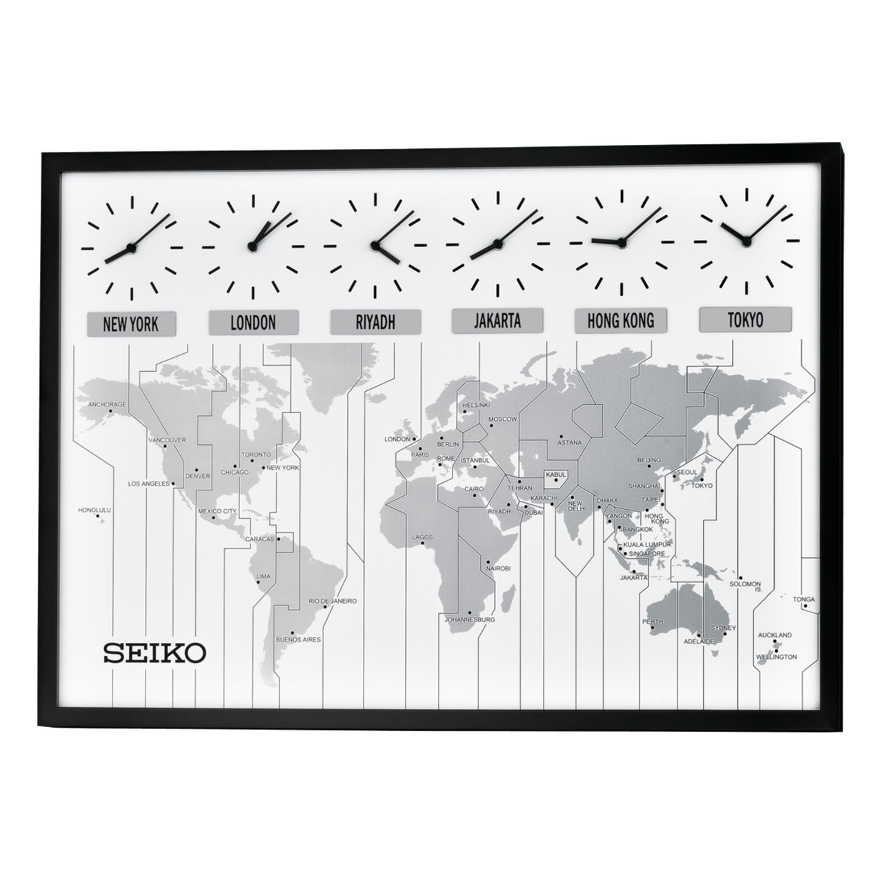 The Seiko Clock - World View Wall Clock (QXA538KLH) by Seiko features a large wooden frame with six clocks for New York, London, Riyadh, Jakarta, Hong Kong, and Tokyo above a gray global time zone map.