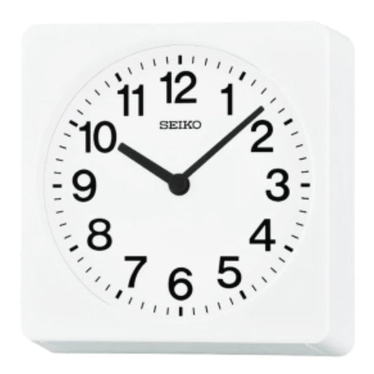 A white Seiko Clock - Desk/Wall Clock - QXA860W displays the time as 10:08. This elegant clock by Seiko features black numerals and sleek black hour and minute hands on a crisp white square background.