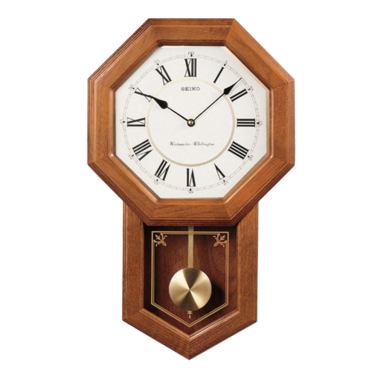 The Seiko QXH110BLH Light Oak Traditional Schoolhouse Wall Clock features an octagonal face with Roman numerals and a visible brass pendulum, offering classic vintage styling evocative of a traditional schoolhouse clock.