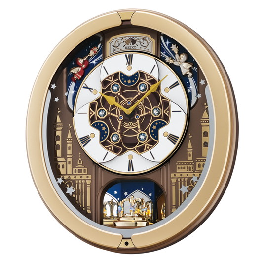 The Seiko Clocks Skyline Melodies In Motion Clock (QXM350G) features a decorative face with gold and brown accents, Roman numerals, star patterns, two small figurines, and a rotating gold-toned musical display.