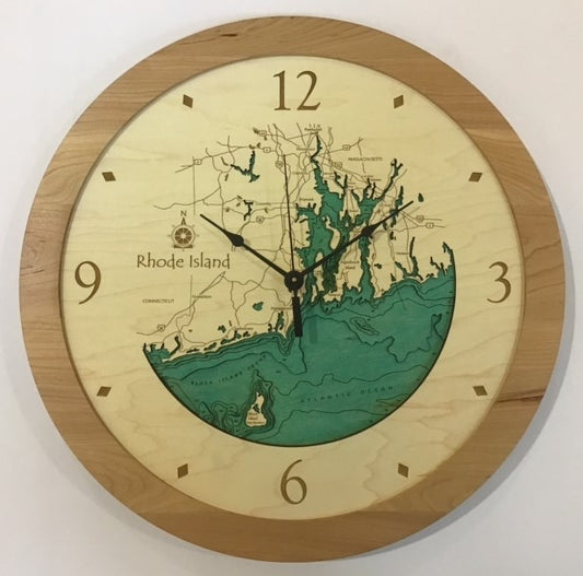 The Lake Art Lake Clock - Rhode Island - Custom Wooden Map Clock features a wooden face with a detailed map of Rhode Island and gold hour markers for a unique, elegant touch to any room.