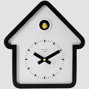 The Cloudnola Clock - House White Cuckoo Clock (SKU0263) features a minimalist, house-shaped white design with a black outline and yellow bird figurine—perfect modern decor from Cloudnola.