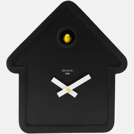 The Cloudnola MoMA House Black Cuckoo Clock (SKU0264) is a modern, house-shaped black clock with white hands and a yellow bird—perfect for minimalist decor and design collectors.