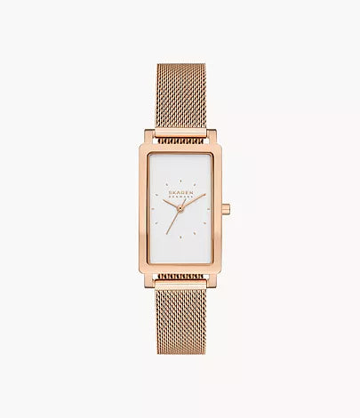 The Skagen Watch - Hagen Lille - SKW3095 by Fossil features a rectangular case, rose gold mesh strap, white minimalist dial, small gold hour markers, and the Skagen logo.