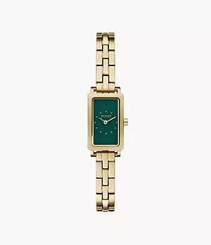 The Fossil Skagen Watch - Hagen Micro (SKW3146) features a gold-tone stainless steel case, green dial with minimal markers, and a gold metal link bracelet, shown here against a plain white background.