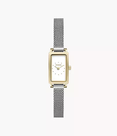 The Fossil Skagen Watch - Hagen Micro SKW3147 features a rectangular gold-tone case, white dial with minimalist hour markers, and a silver mesh band, displayed against a plain white background.