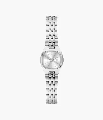 The Fossil Skagen Watch - Mellem Micro (SKW3175) features a silver square face, minimalist design, and a linked stainless steel band, displayed against a plain white background.