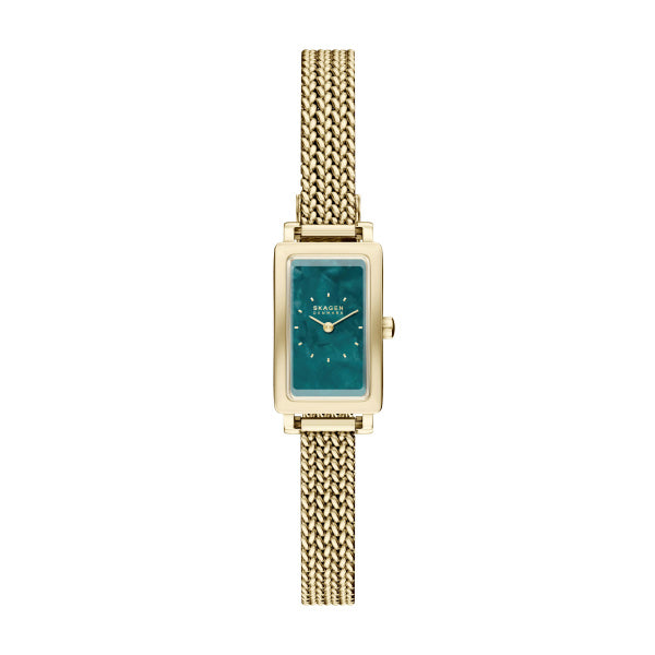 A Fossil Skagen Watch - Hagen Micro (SKW3186) with a gold-tone stainless steel rectangular case, turquoise face, and gold mesh band, displayed on a white background.
